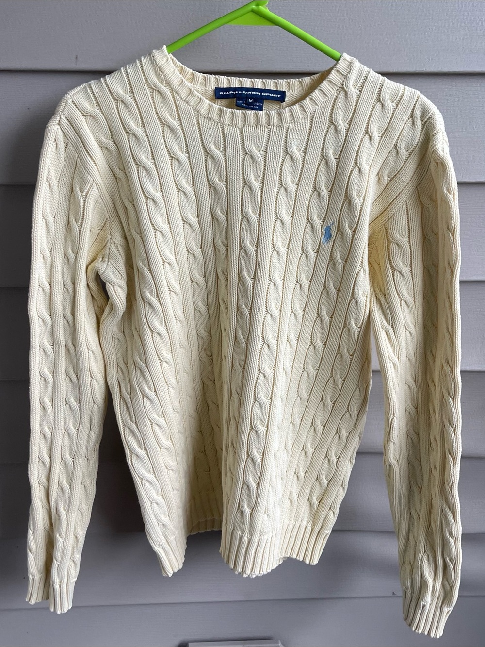 Ralph Lauren Sport Women Yellow Crew Neck Cable Knit Jumper Size M Blue Pony